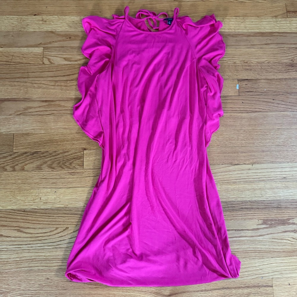 Ann Taylor Ruffle Cold Shoulder Dress 8 Hot Pink Rayon Knit Mini Shift